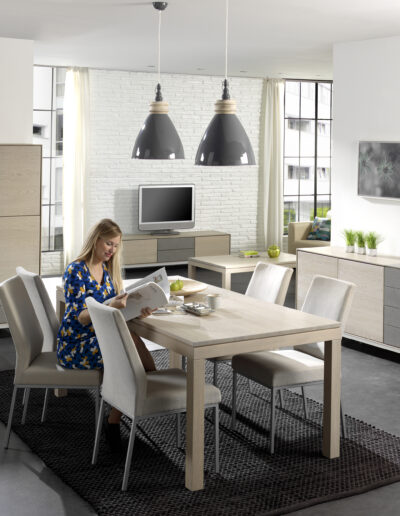 Mobilier de salle à manger - Chaises en tissu blanc et pieds en aluminium gris. Buffet, vaisselier et meuble TV en bois clair et gris